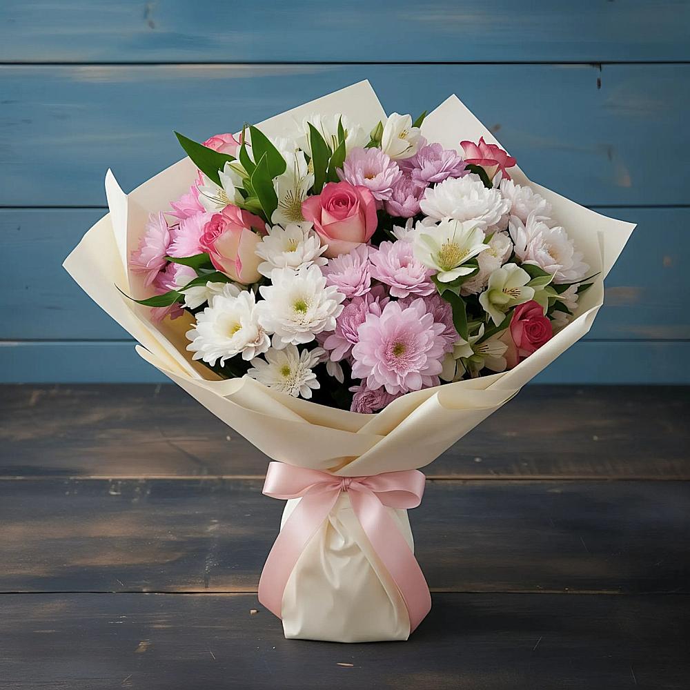 Букет цветов из: Хризантемы, Альстромерии и Розы в Ожогино